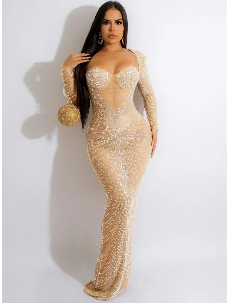 GUWU بقماش شفاف الراين كم طويل فستان الحفلات النساء الماس حزام البوق فساتين ماكسي مثير مساء Vestidos De Fiesta #6