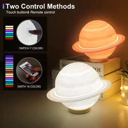 Lâmpada LED Saturn com controle remoto para crianças, impressão 3D, lâmpada da noite para quarto, decoração de casa, presente, C2, 13 cm, 16cm