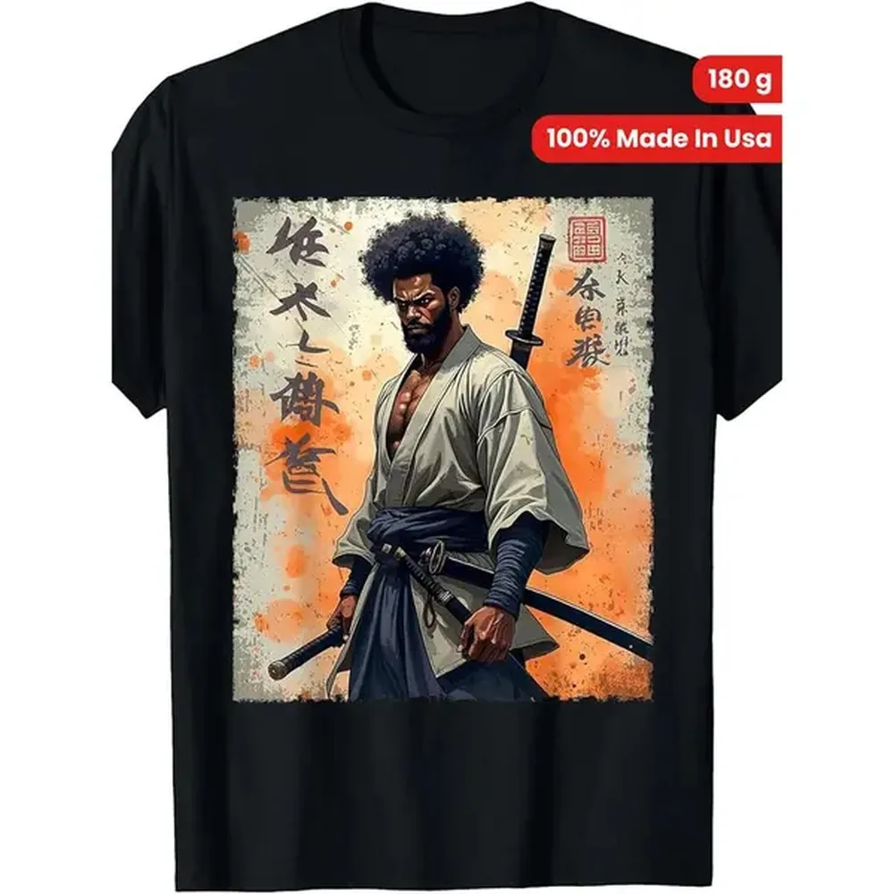 [Made in USA] Men's 180g Vintage African Samurai Afro American Bushido Warrior Round Neck Short-Sleeve T-Shirt, 100% Cotton Menswear Top, Tshirt, Shortsleeve, Casual, Men's T Shirts, Afro Samurai, Vintage Crew, Graphic Print