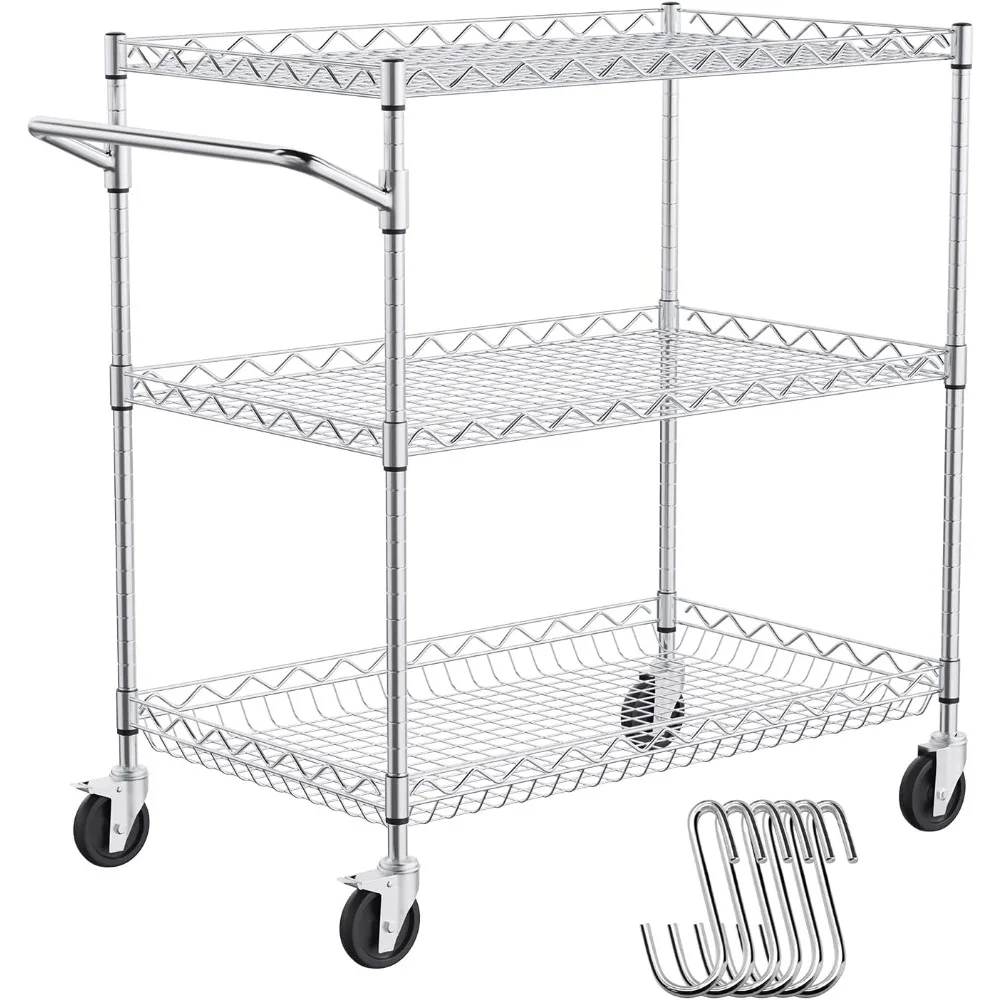 

Kitchen Utility Cart, 3 Tiers, Wire Rolling Table with 661LBS Capacity, Steel Service Desk on Wheels, Metal Storage Trolley wit