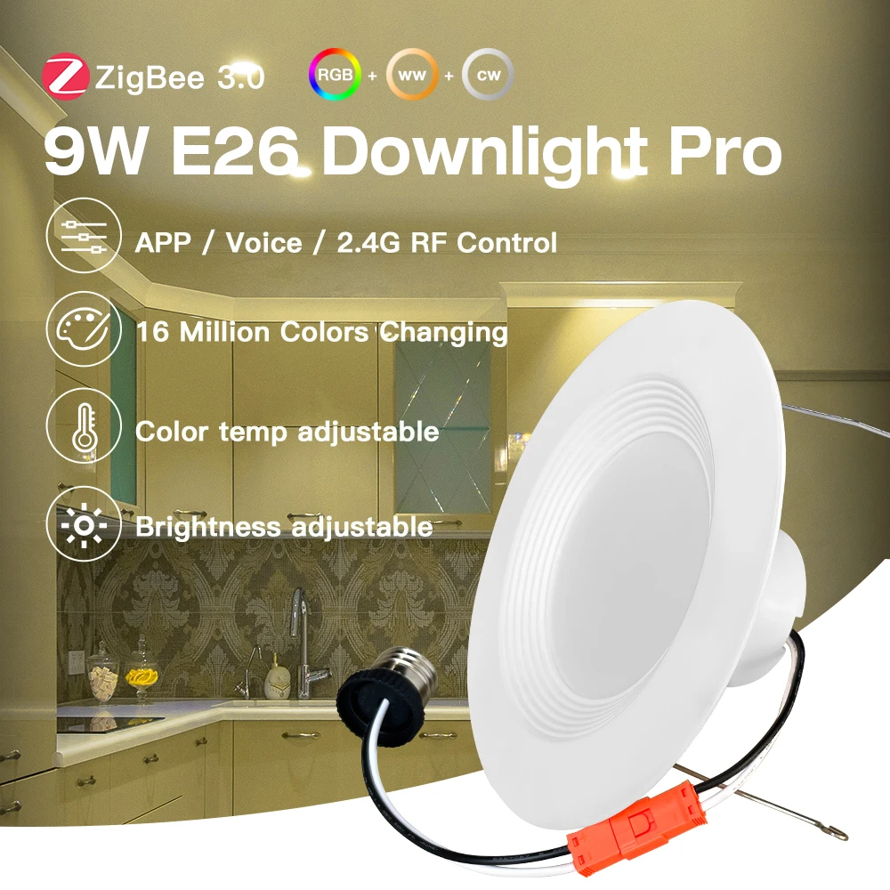 

Gledopto ZigBee 3.0 9W RGBCCT LED Downlight E26 US Type Light Color 2200~6500K Indoor Smart Life Tuya Homey Alexa App Voice RF