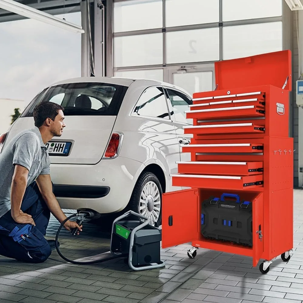 13-Drawer Double Door Rolling Tool Chest, 2 in 1 Detachable Tool Box with Wheels and Lock, Red