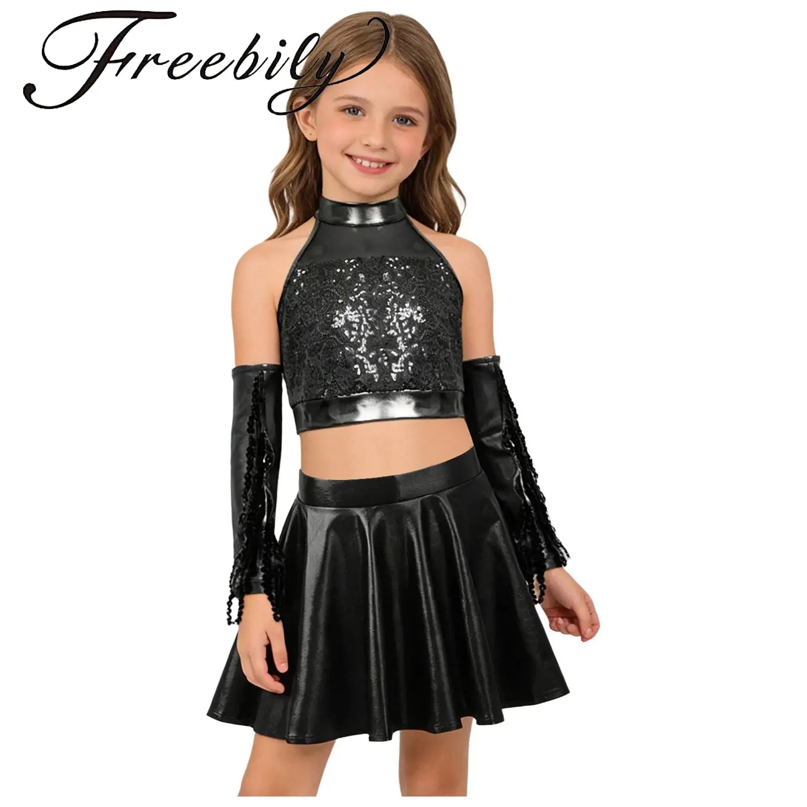 

Kids Girls Jazz Dance Outfits Sleeveless Sparkly Sequins Crop Top with Metallic Flared Skirt And Sequined Tassels Gloves