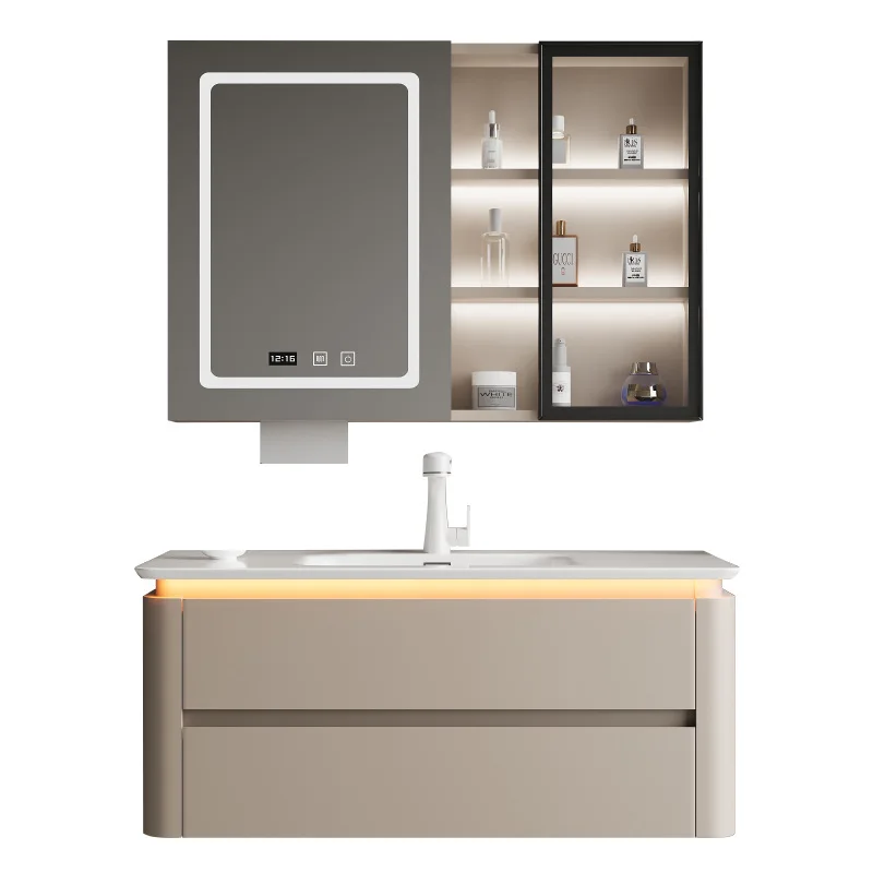 

Cream wind bathroom cabinet integrated basin, bathroom cabinet combined human body induction face wash toilet cabinet