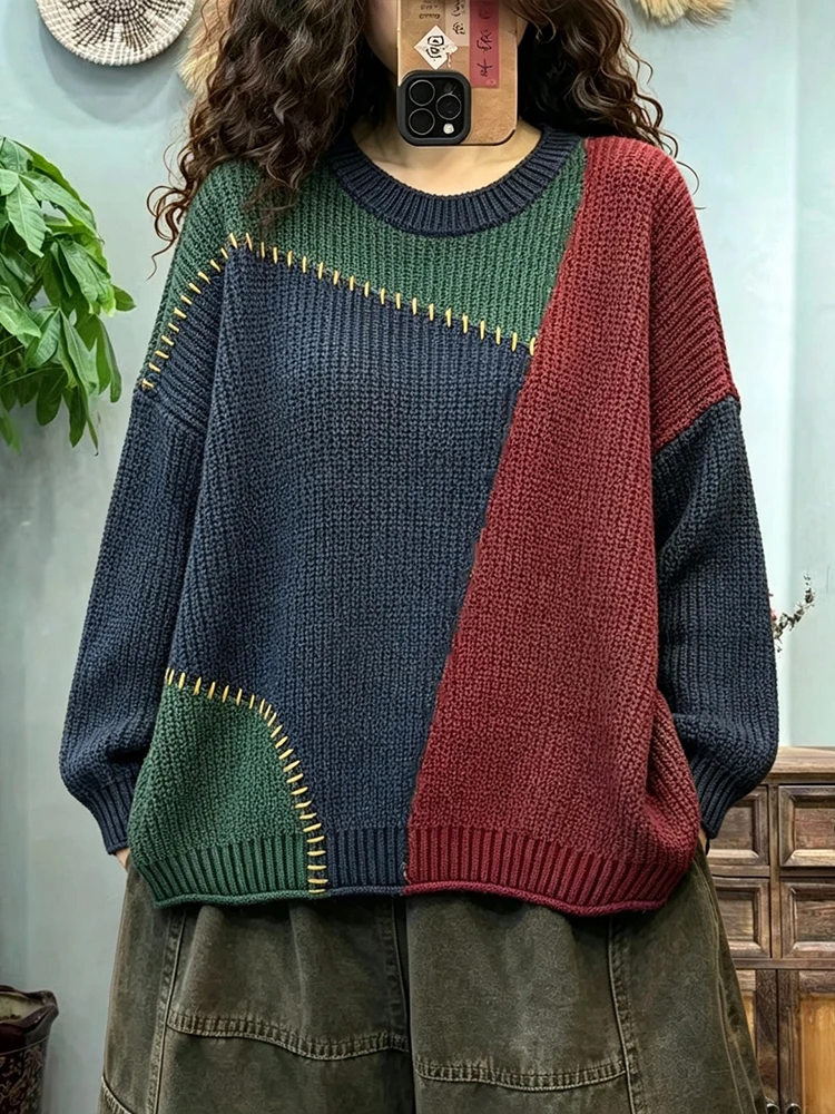 Amax LuluE Autumn Ladies Vintage Knitted Pullover Fashion Big Size Sweaters Womens Leisure Loose Embroidery Warm O Neck Jumpers view 2