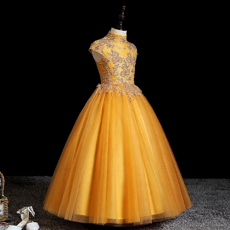 Evening Dress Gold Short Sleeves High Neck Appliques Ball Gown Elegant Zipper Back Floor-Length Party Flower Girl Dresses B1852