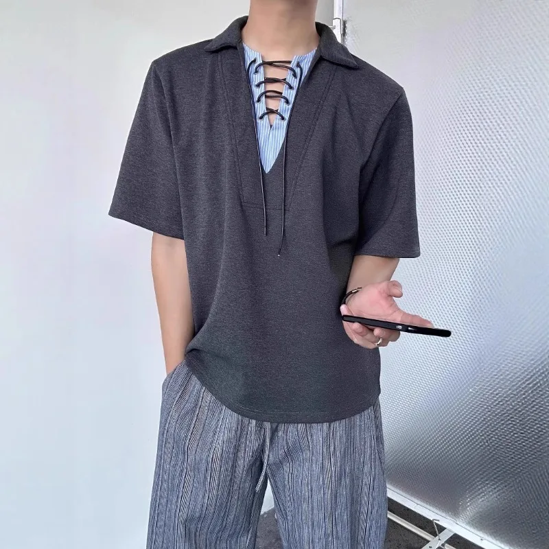 Patchwork V-neck Faux Two-piece Polo Shirt, Light Luxury Style, Tie-up, Versatile Striped Shirt Collar Short-sleeve T-shirt