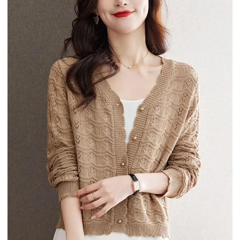 New Summer Fashion Trend Ice Silk Hollow Loose Versatile Solid Color Fashionable Small Cloak Knitted Women\'s Cardigan Coat