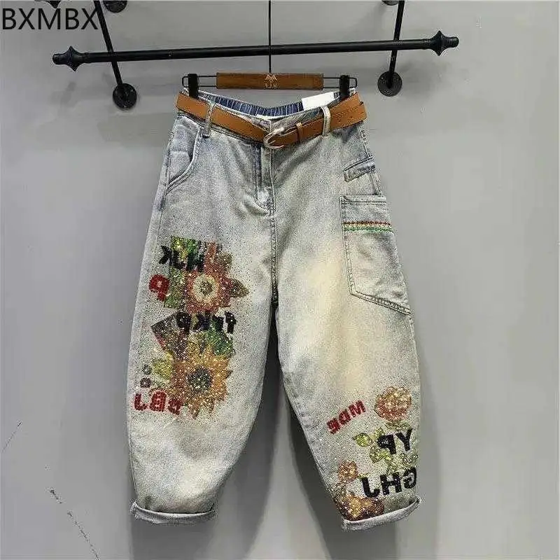 2025 summer large size heavy industry hot diamond printing loose and thin old washed elastic waist jeans women