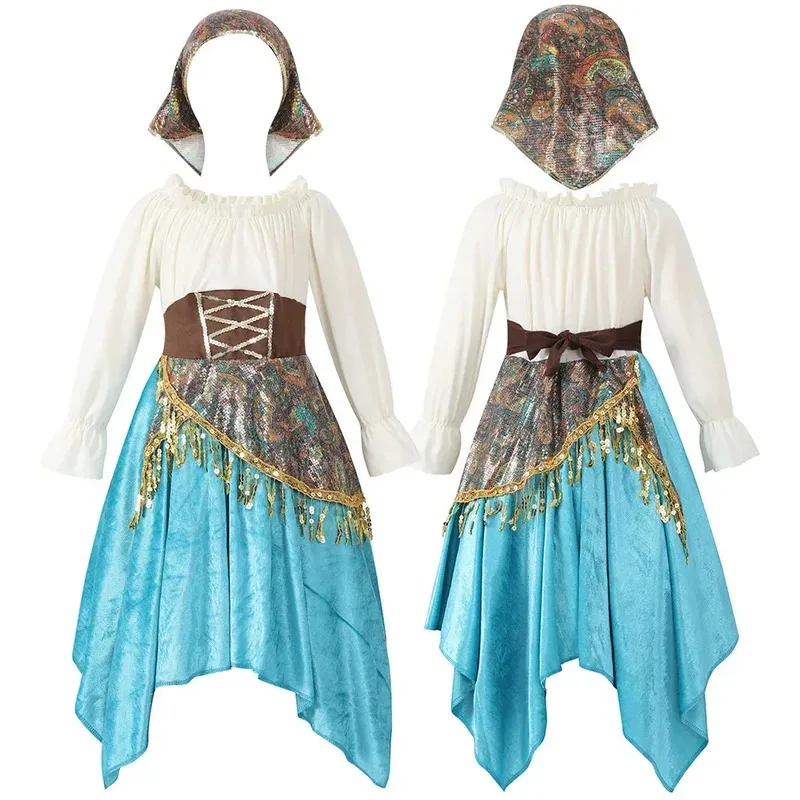 Costumi cosplay di abiti con paillettes bohémien vestito da ballo Menco svasato a maniche lunghe irregolare azzurro cielo
