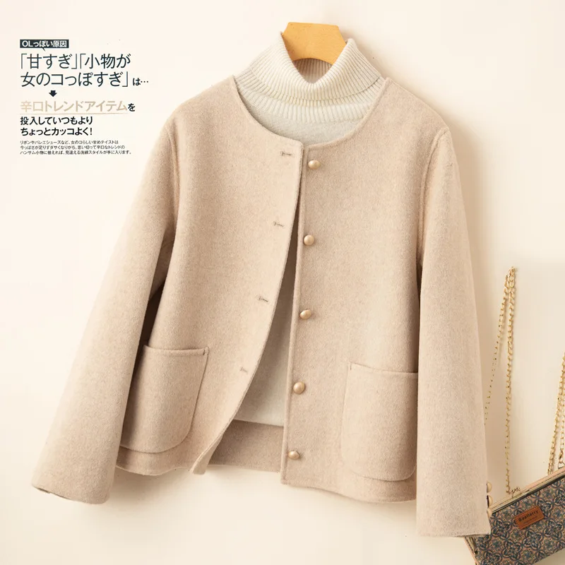 24 Autumn and Winter New Dropshipping Strict Selection Wool Reversible Woolen Coat round Neck Small Fashionab