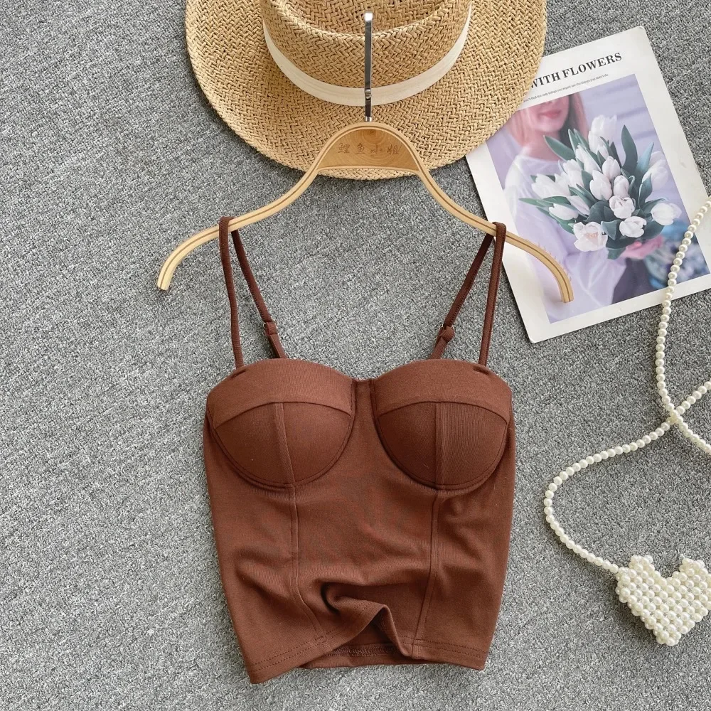 Femmes Chic solide Camis mince Corset débardeur basique Sexy mode coréenne épaules nues été femmes haut court