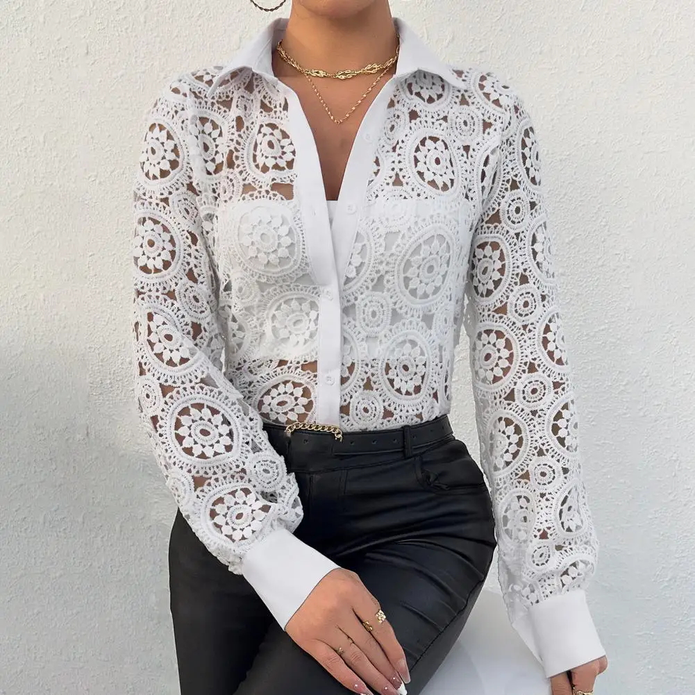 

Long Sleeve Shirt Elegant Lace Hollow Long Sleeve Blouse Women's Business Work Shirt Breathable Button Down Top Loose Fit Blouse