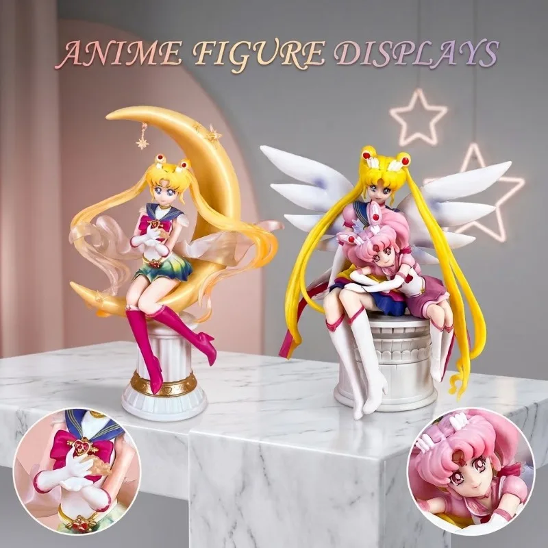 Anime prize figure usagi tsukino chibiusa with moon wing design car desk ornament pc case cartoon decor model gift toy