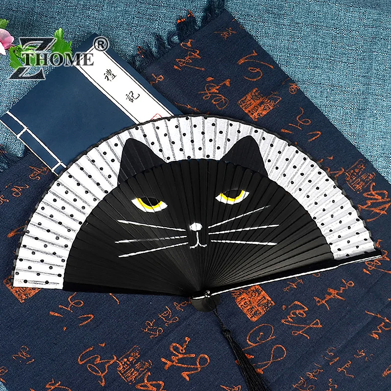 New 1Pc Cat Pattern Bamboo Folding Fan For Women Cute Cartoon Cat Hand Fan Kimono Bathrobe Hand Fan Crafts Decoration