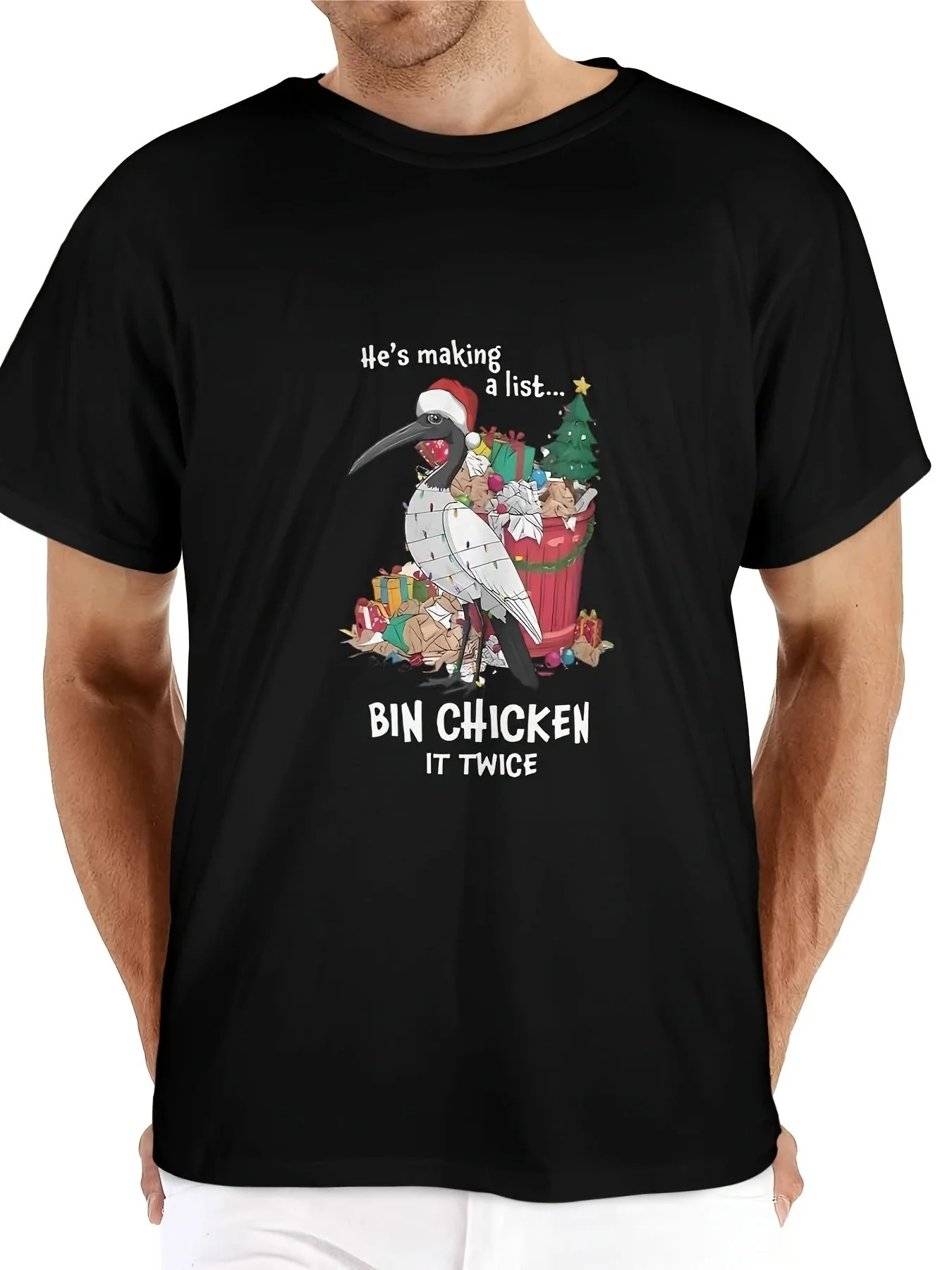 Men’s Fun Christmas T-Shirt – Essential Australian Ibis Design featuring a Trash Bin Chick Saint.