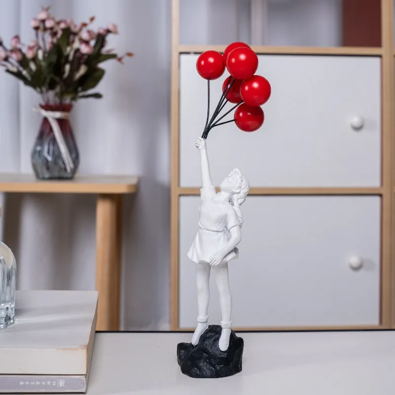 Resin Ornament Flying Love Balloon Girl Sculpture Decoration Abstract Modern Home Desktop Study Office Decoration Gift