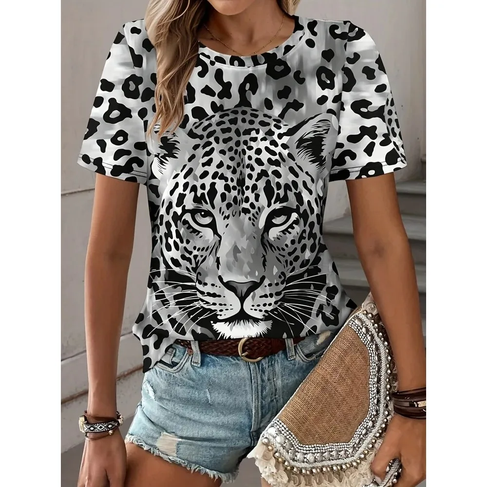 

3D Cartoon Leopard Print Women's Short-sleeved Top Summer Daily Casual Women's T-shirt Urban Street Fashion Women's Y2k Tops