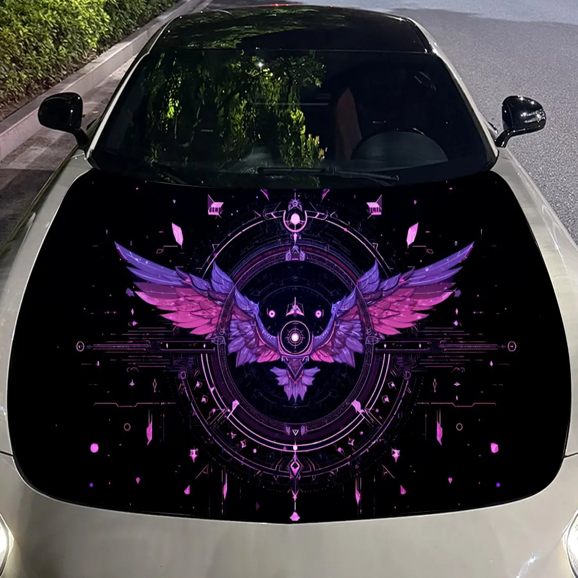 Purple Winged Sci-Fi Holy Emblem Car Vinyl Wrap, PVC Material Waterproof Car Hood Sticker, Self-Adhesive Scratch-Resistant Stick