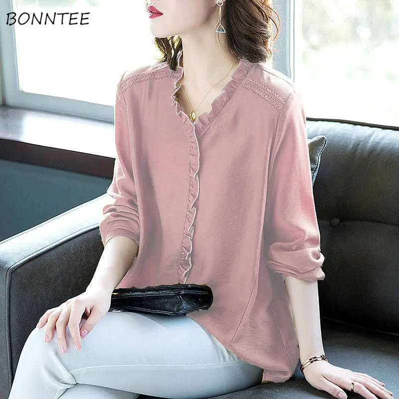 

Блузка Женская Осенняя однотонная, простой элегантный универсальный Удобный свободный дизайн в Корейском стиле, модная повседневная классическая ретро одежда