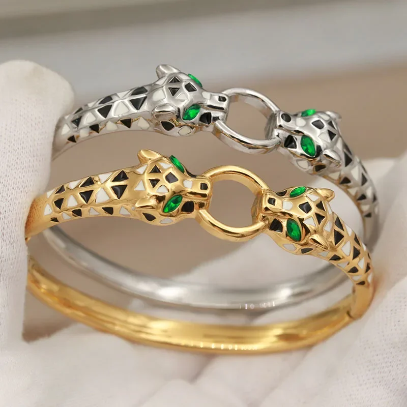 316L Stainless Steel Green Eyes Leopard Bangles for Women Fashion Brand Jewelry Classic Animal Bracelets  Accessories