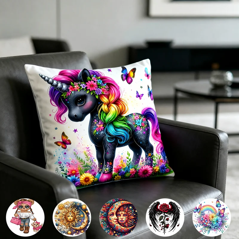 1PC Rainbow Unicorn Pillow Cover Cute Flower Single-sided Printed Pattern Cushion Cover Soft Pillowcase Suitable for Living Room