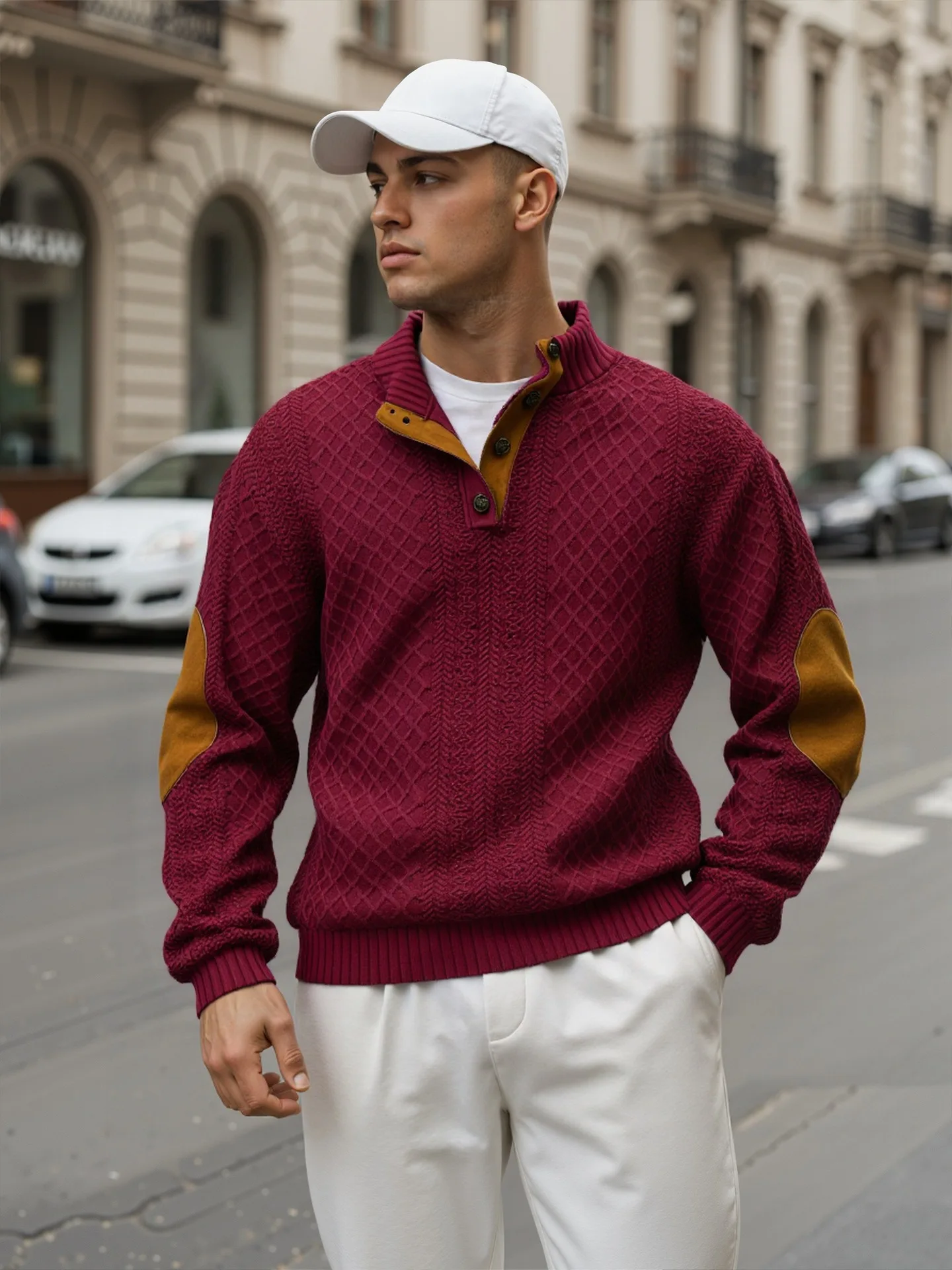 Moletom com capuz de malha masculino primavera e outono jacquard manga longa camisa henley esportes, lazer, roupas masculinas soltas e elegantes