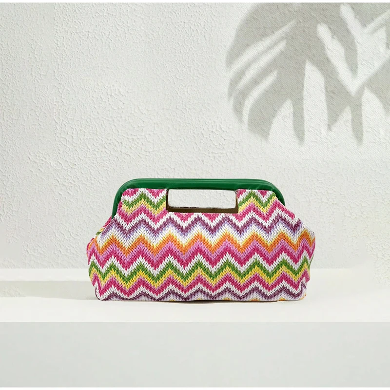 Handtasche mit Obergriff, Clutch aus gewebtem Stroh, Hobo-Tasche in Ahornblatt-Farbblock-Design, Damen-Sommermode-Abendtasche mit Farbkontrast – Detail 21