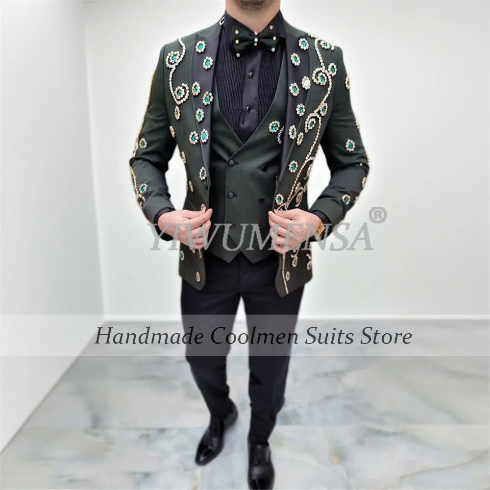 

Роскошные свадебные костюмы с камнями из бисера для мужчин, итальянский дизайн, однобортные пиджаки для выпускного вечера, индивидуальный мужской модный смокинг для жениха, 3 шт.