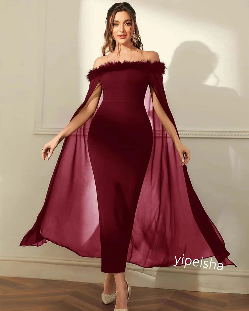 Evening Prom Dress Ball  Saudi Arabia  Jersey Feather  Sheath Off-the-shoulder Bespoke Occasion Gown Midi es