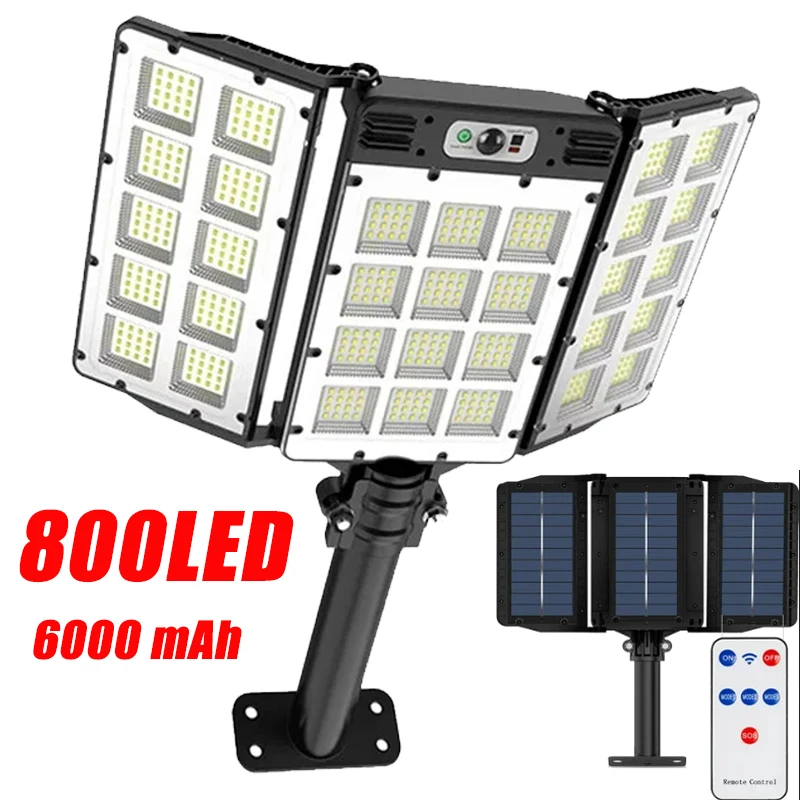 

800 LED Solar Motion Lights 6000mAh Human Induction Solar Powered Flood Security Lamp with Remote IP65 Waterproof Wall Lantern