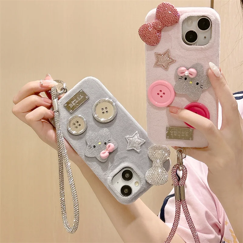 Luxury Flash Diamond Bow Kitten Plush phone case for iPhone 16Pro 14 13 15promax 12 15 pro Girl Cute cartoon Lange Star Kawaii