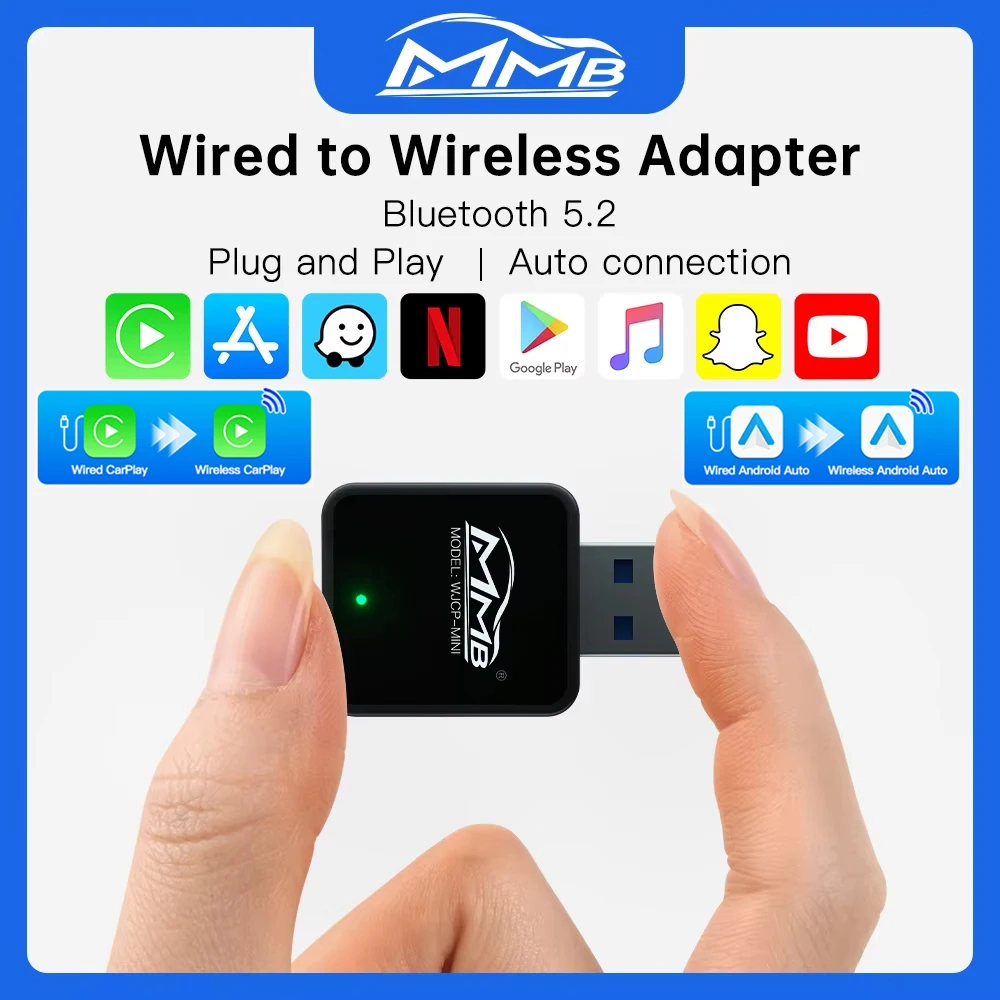 MMB Mini Wired to Wireless CarPlay Adapter Wireless Android Auto Dongle FOTA Upgrade Wifi BT5.2 USB Plug and Play Auto Connect