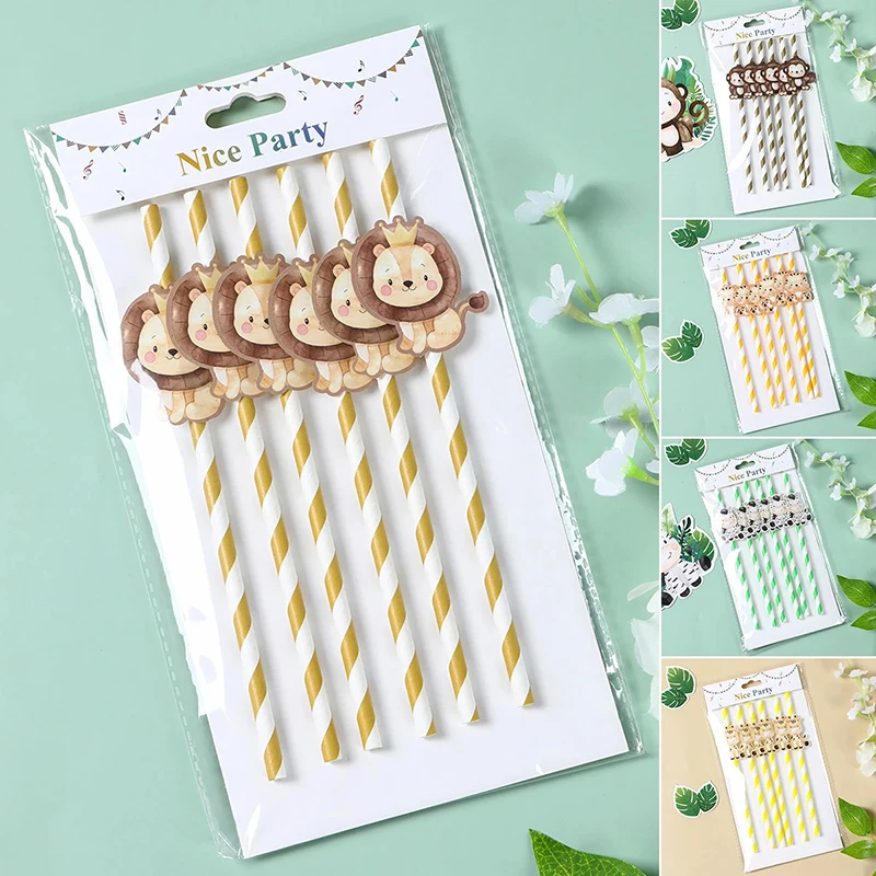 6pcs Animal Paper Drinking Straw LIon Tiger Jungle Birthday Party Forset Safari Party Supplies Kids Wild One Birthday Decoration