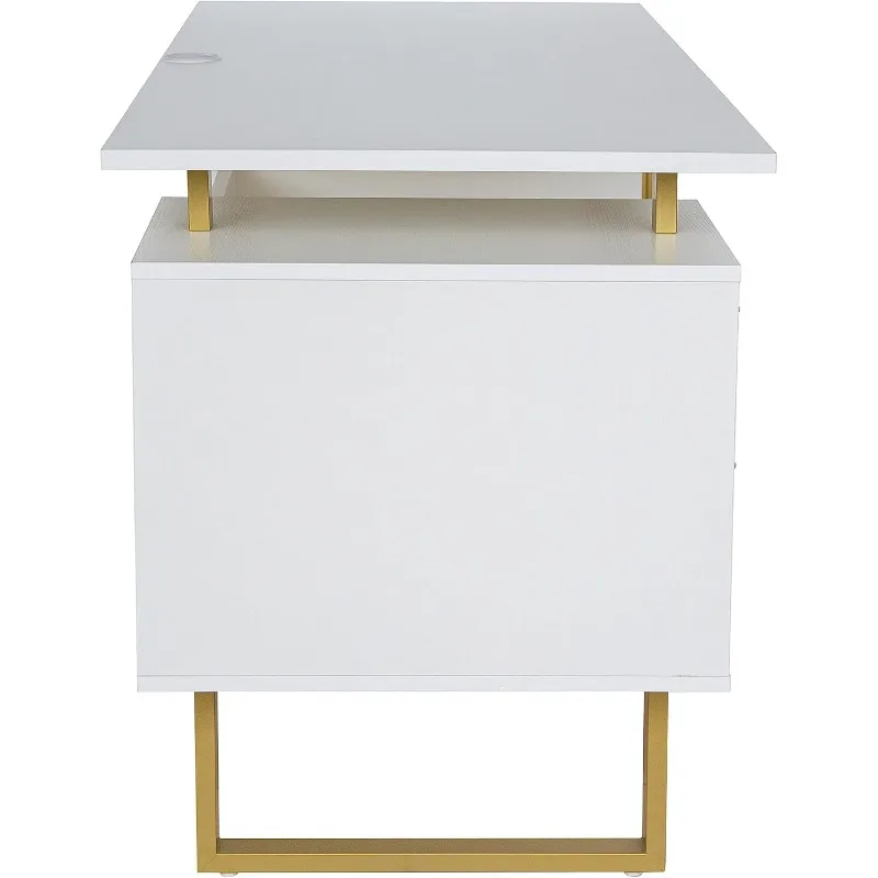 Storage Drawers and Cabinet 51.25” W-Modern Office Large Floating Desktop Surface Desk, 23.6" D x 51.2" W x 29.8" H, White/Gold