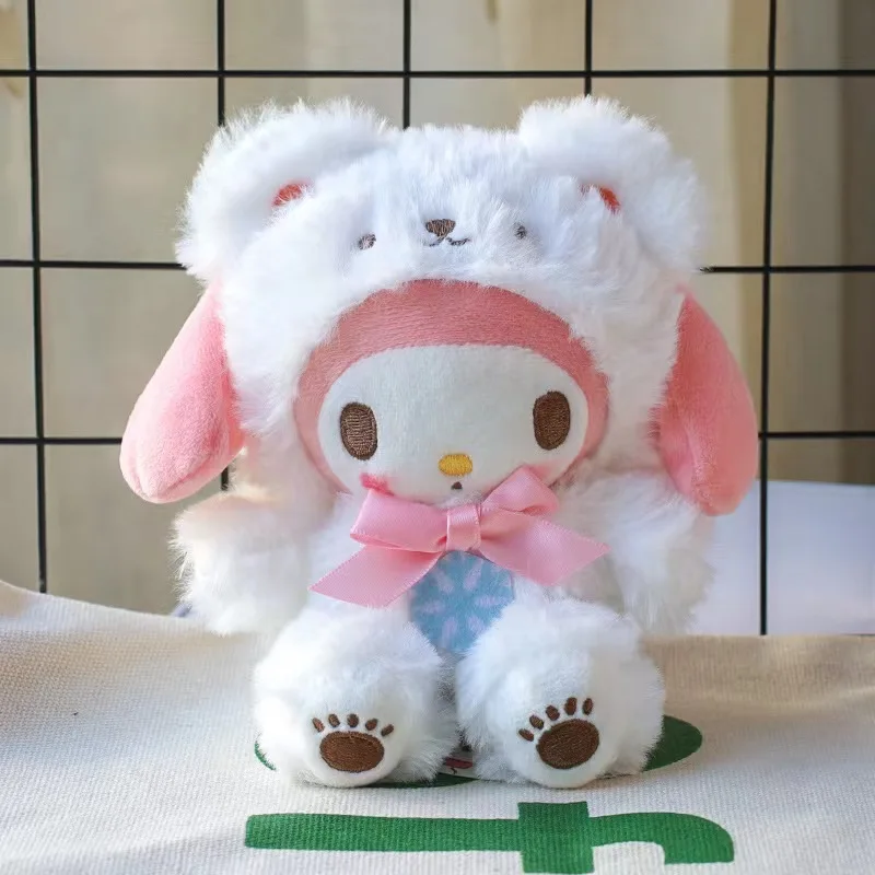 Sanrio Hello Kitty My Melody Kuromi Cartoon Winter Day White Bear Set Bow Tie Soft Plush Pendant Backpack Decoration Couple Gift