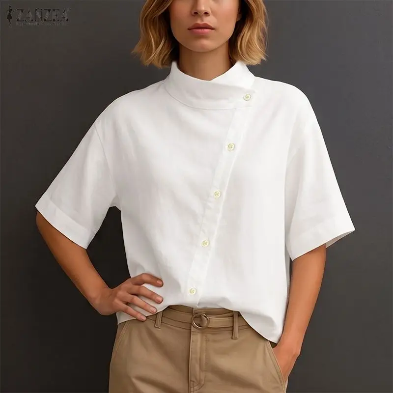 ZANZEA Casual Diagonal Front Shirts Women's Stand Collar Half Sleeve Button Up Tops Summer Fashion Solid Color Chemises Femme