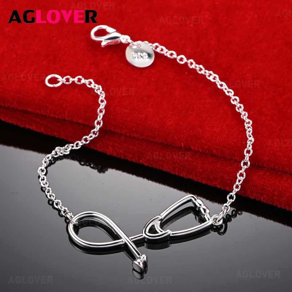 

AGLOVER 925 Sterling Silver Stethoscope Thin Chain Bracelet Cute Women's All-match Party Jewelry