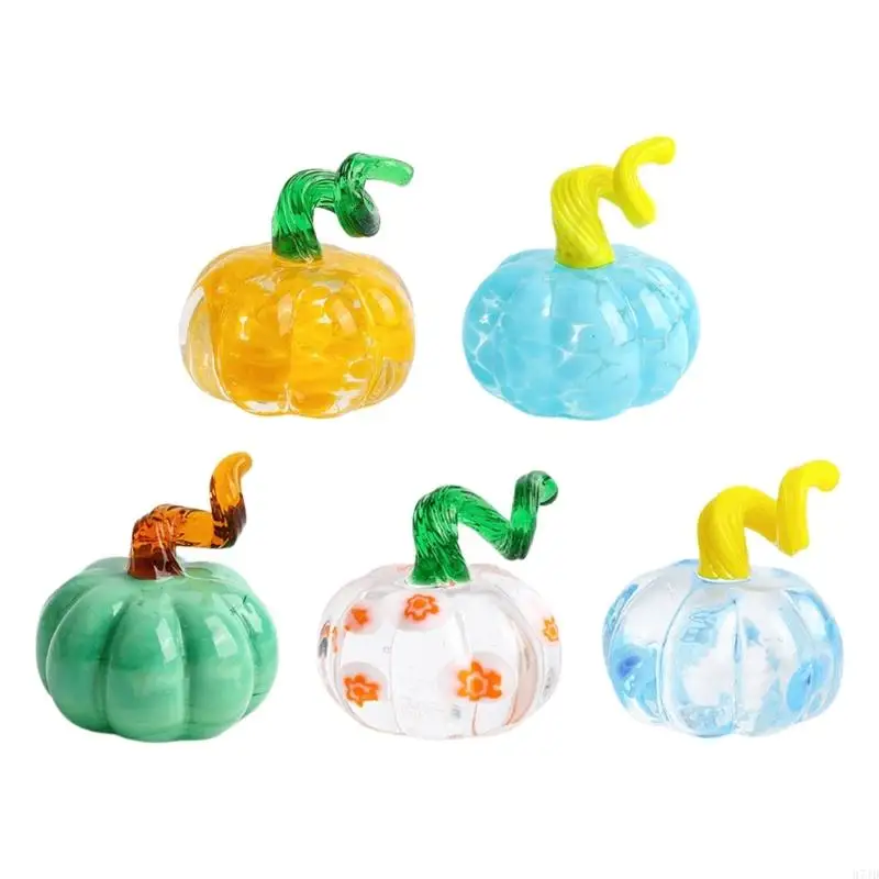Small Pumpkin Shelf Figures in Clear Glass, 5 Count Yellow Home Set with Top Detail for Fall Desk Display, Tray 37JD