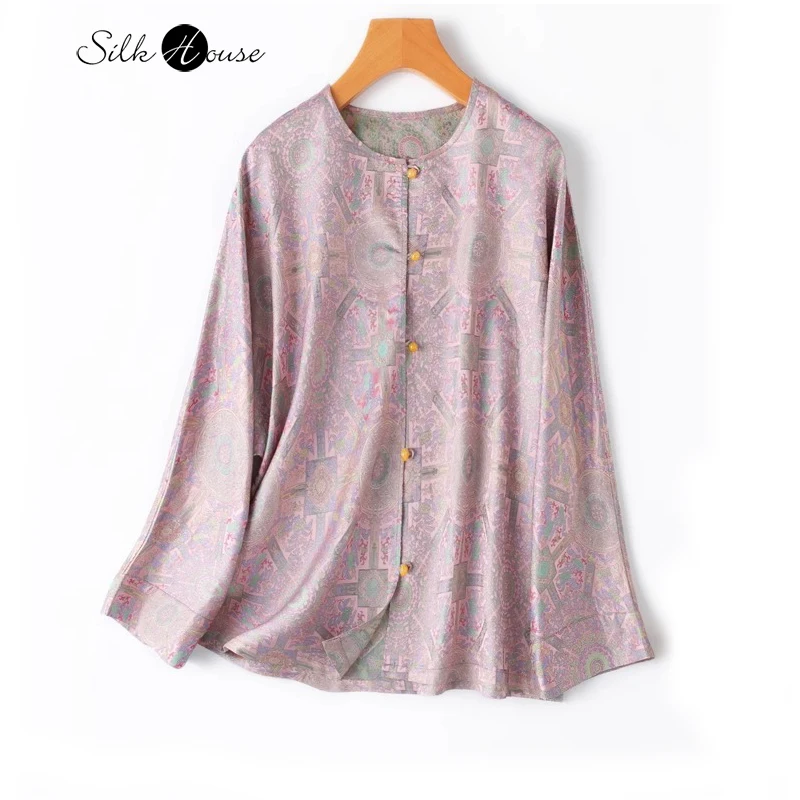 

2024 Women's Fashion Autumn New Collection 100% Natural Mulberry Silk Song Brocade Gorgeous Loose Round Neck Long Sleeve Top