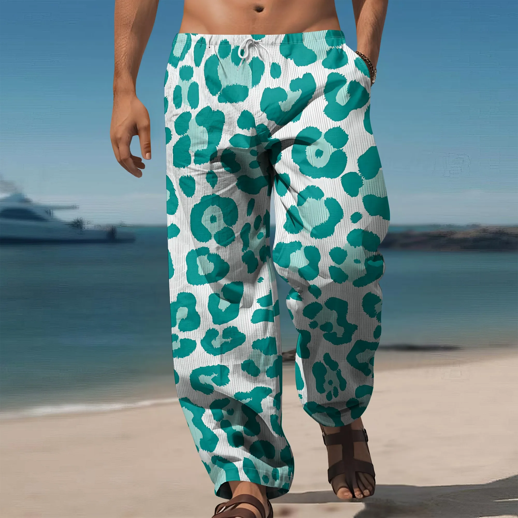 

YEAE Teal Leopard Print Pants for Men Summer Loose Drawstring Trousers