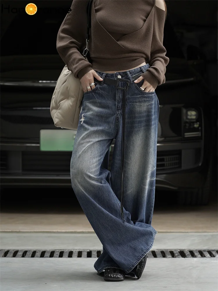 

HanOrange 2025 Autumn Winter Retro Distressed Claw Pattern Ripped Jeans Women Crisp Denim Pants Blue with Belt