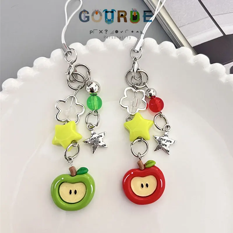 

Gourde Y2K Cute 3D Red Green Apple Cellphone Strap Chain Phone Case Charm Lanyard Colorful Fruit Beaded Keychain for Women Girls