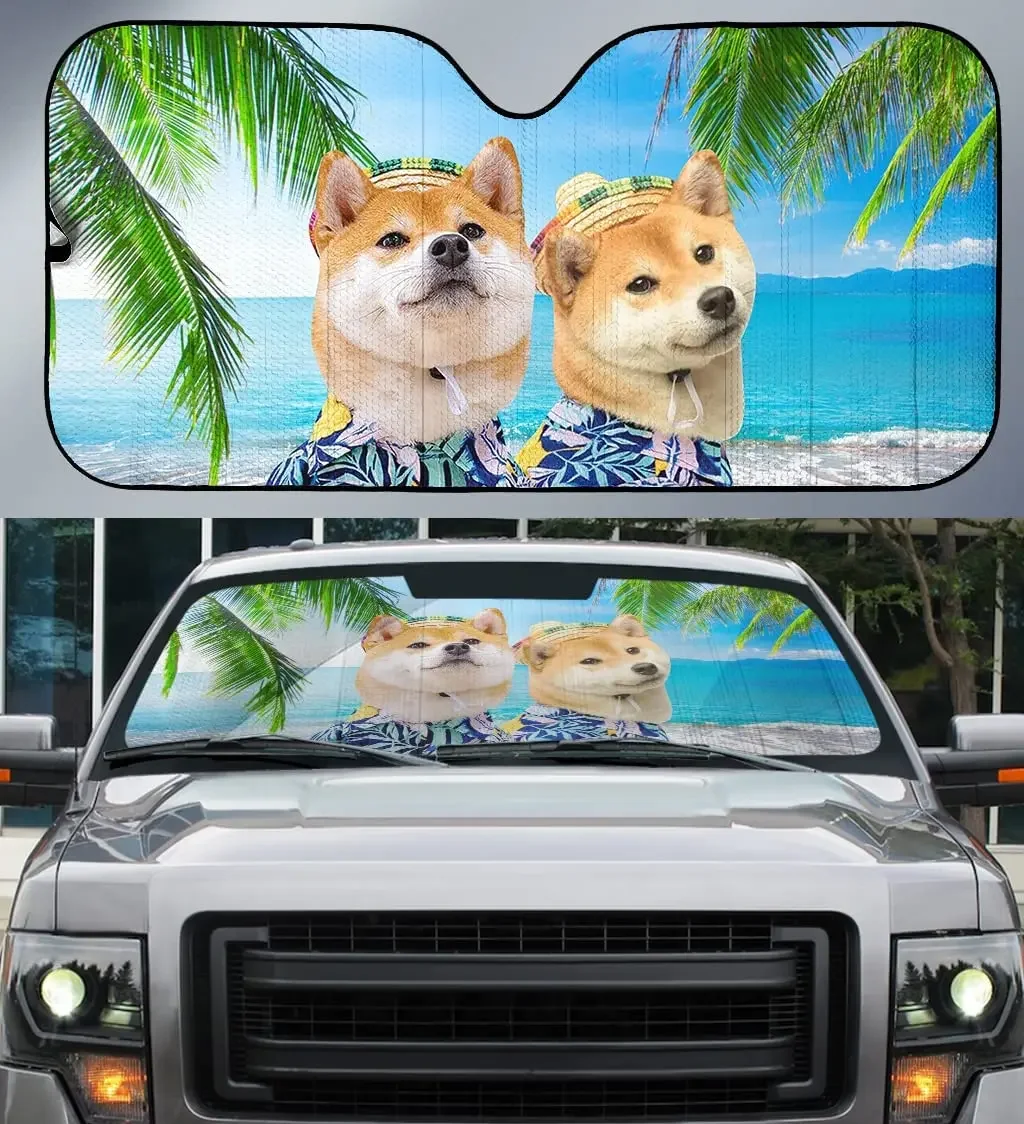 Hawaii Shiba Inu Dog in Summer Beach Coconut Tree Car Sunshade, Gift for Shiba Inu Lover, Hawaii Vibe Auto Sun Shade, Windshield