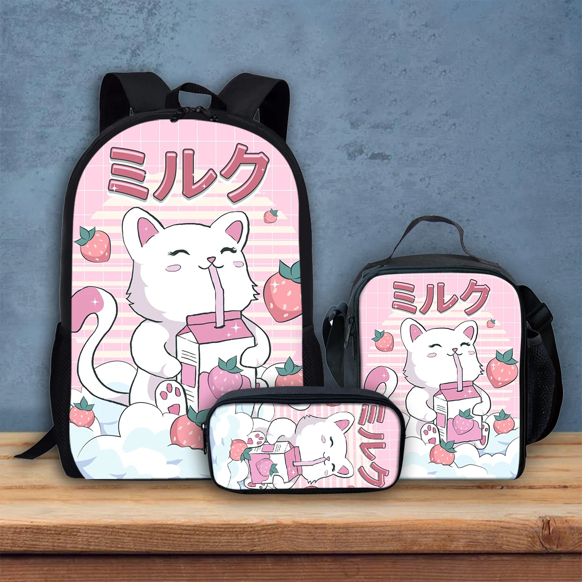 

Lovely Cats Drinking Milk 3 Pieces School Bag for Girls Strawberries Cartoon Pattern Women Backpack with Lunch Box Pencil Case