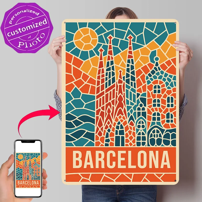 Póster Metálico 3D con Textura de Viaje a Barcelona, Letrero de Pared Personalizado, Regalo para Decoración Vintage de Cuarto de Hombre, Decoración de Sala de Estar y Hogar