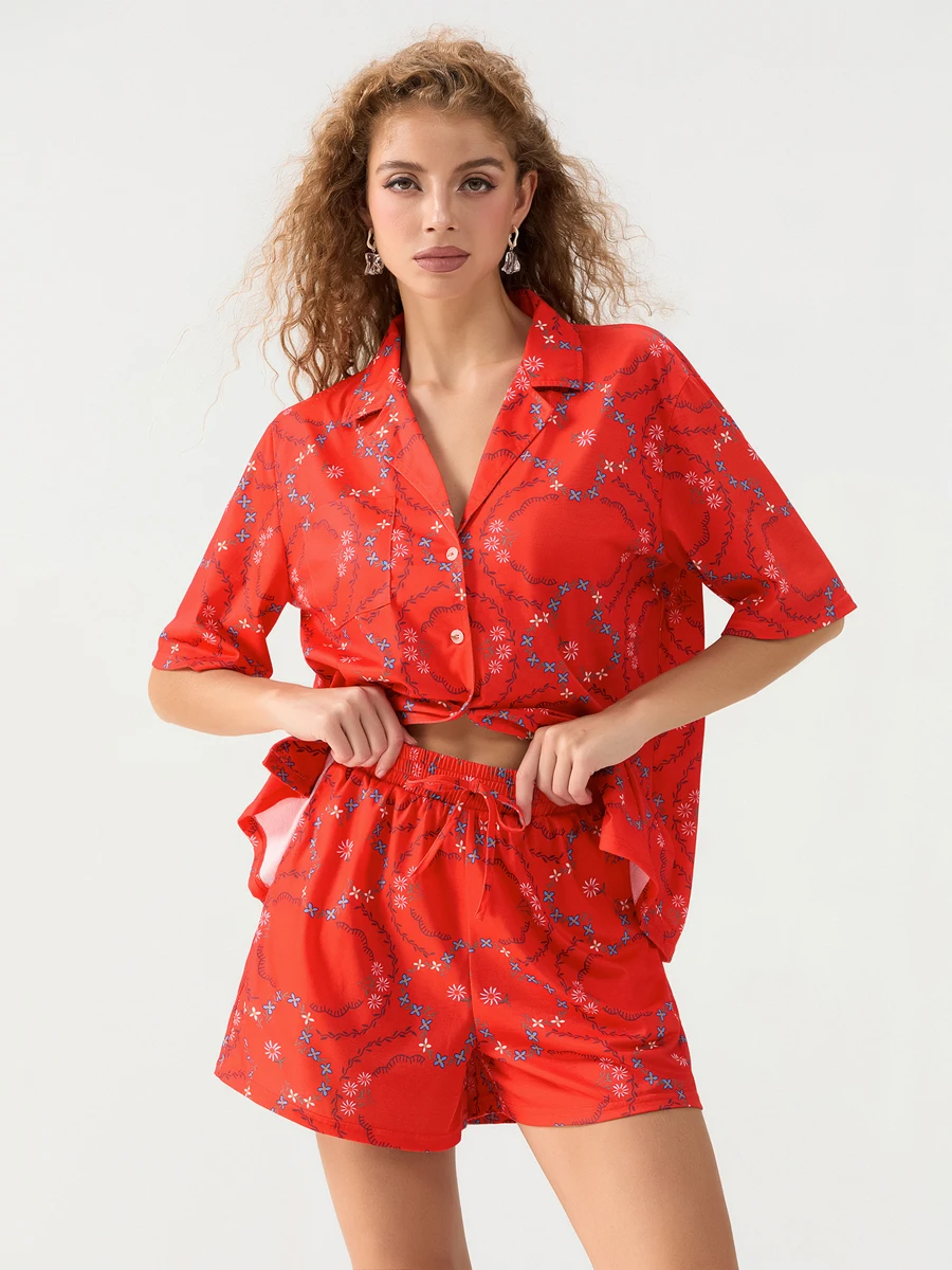 Women Floral Embroidered Short Set Lapel Neck Button-up Short Sleeve Tops Bow Drawstring Shorts 2-Piece Loungewear Outfit