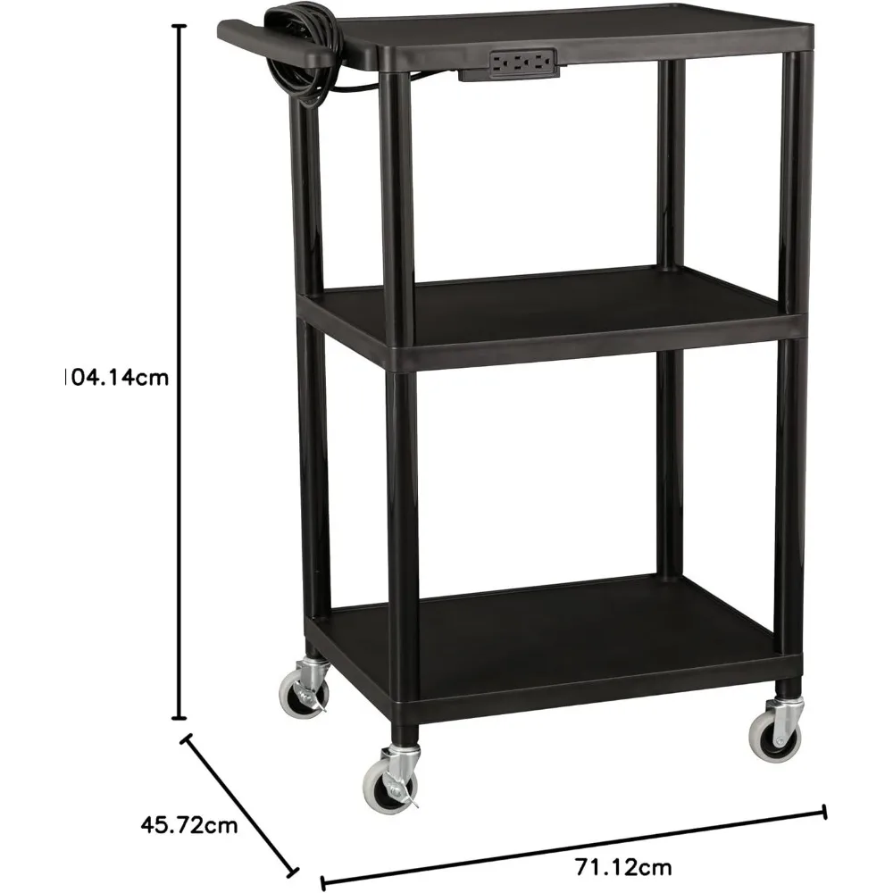 Commercial Furniture Mobile Utility AV Cart with Power Strip and Casters, Rolling Presentation and Media Cart on Wheels, Black