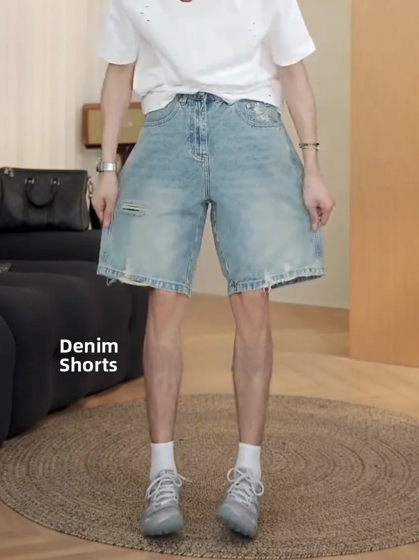 Summer New Lightweight Men's Denim Shorts Washed out Loose Fit Breathable Fashionable Versatile Five-Quarter Pants