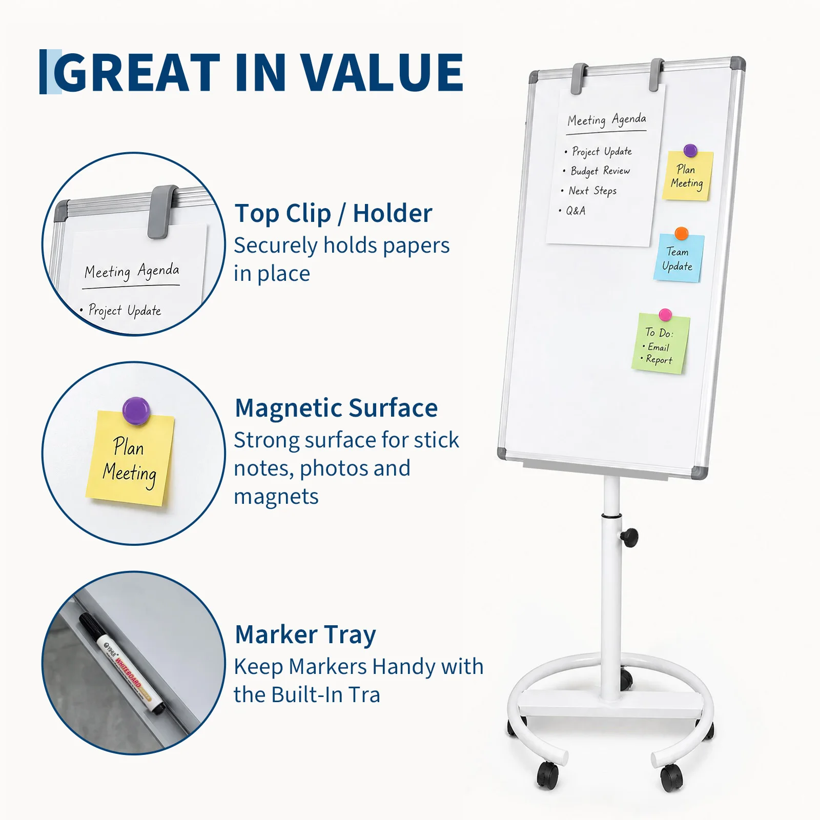 Magnetic Rolling Whiteboard on Wheels with Paper Holder & Hooks – 40